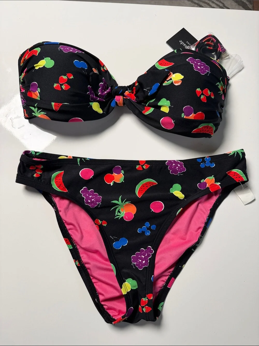 kate spade Black Bandeau Bikini with Multicolor Fruit Print